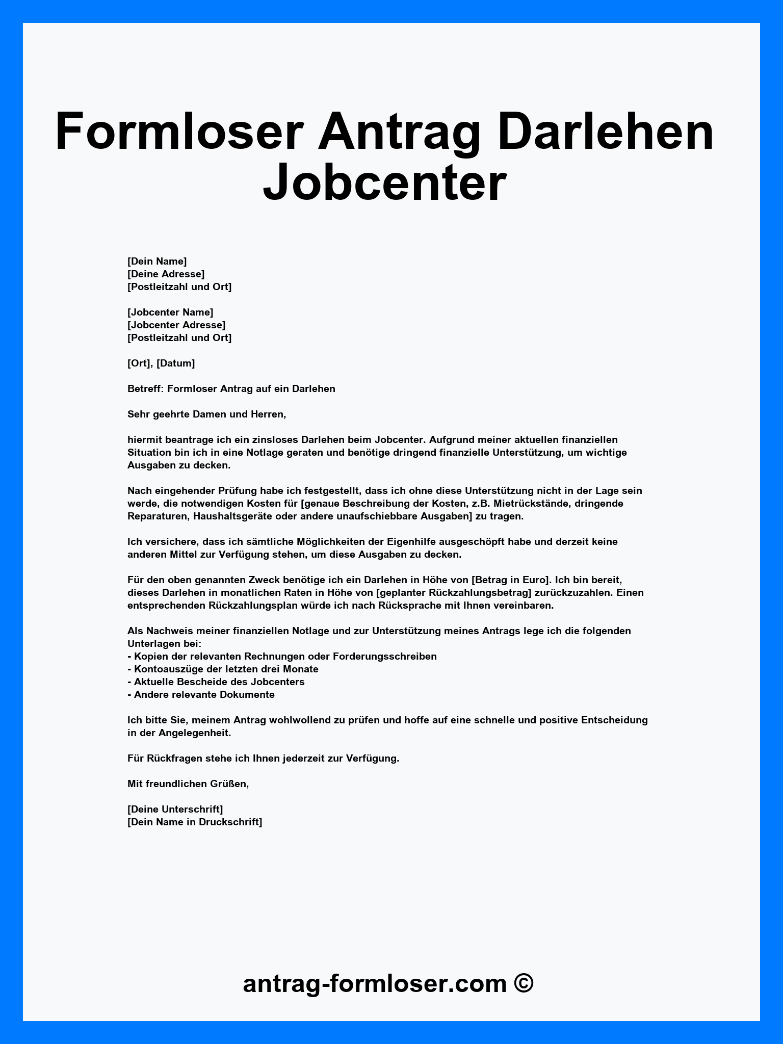 Formloser Antrag Darlehen Jobcenter Muster - Word - PDF
