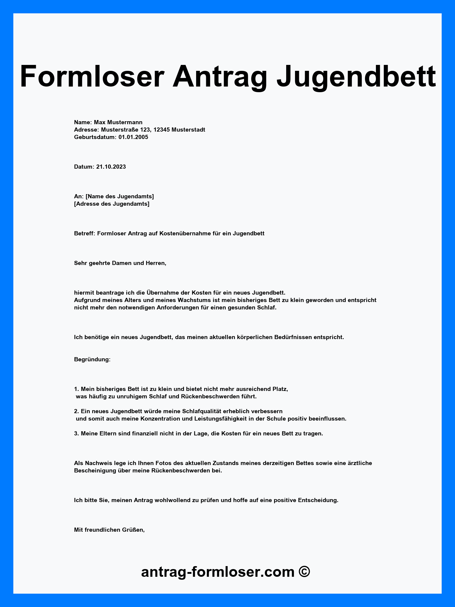 Formloser Antrag Jugendbett - Word - PDF