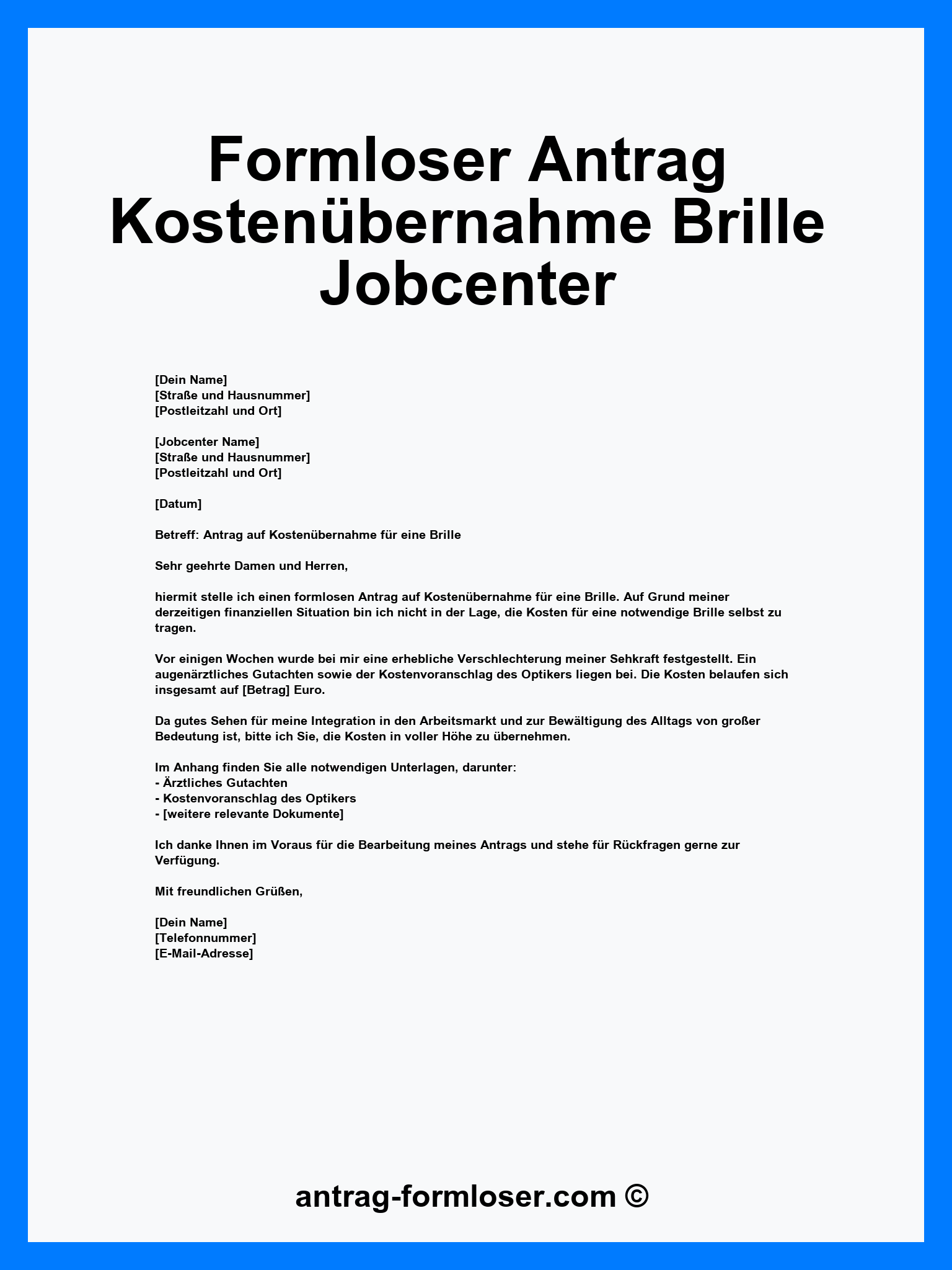Formloser Antrag Kostenübernahme Brille Jobcenter - Word - PDF