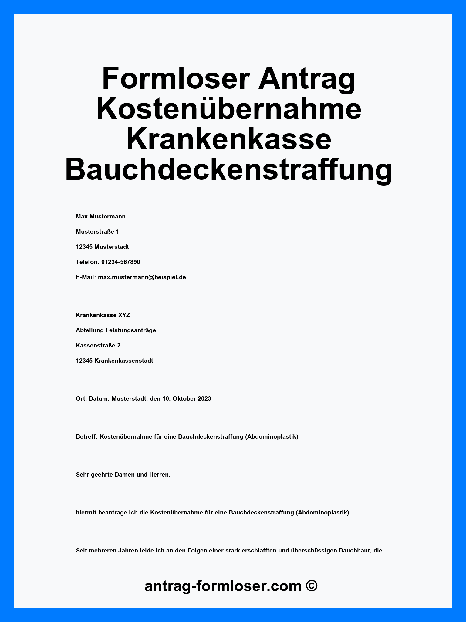 Formloser Antrag Kostenübernahme Krankenkasse Bauchdeckenstraffung - Word - PDF