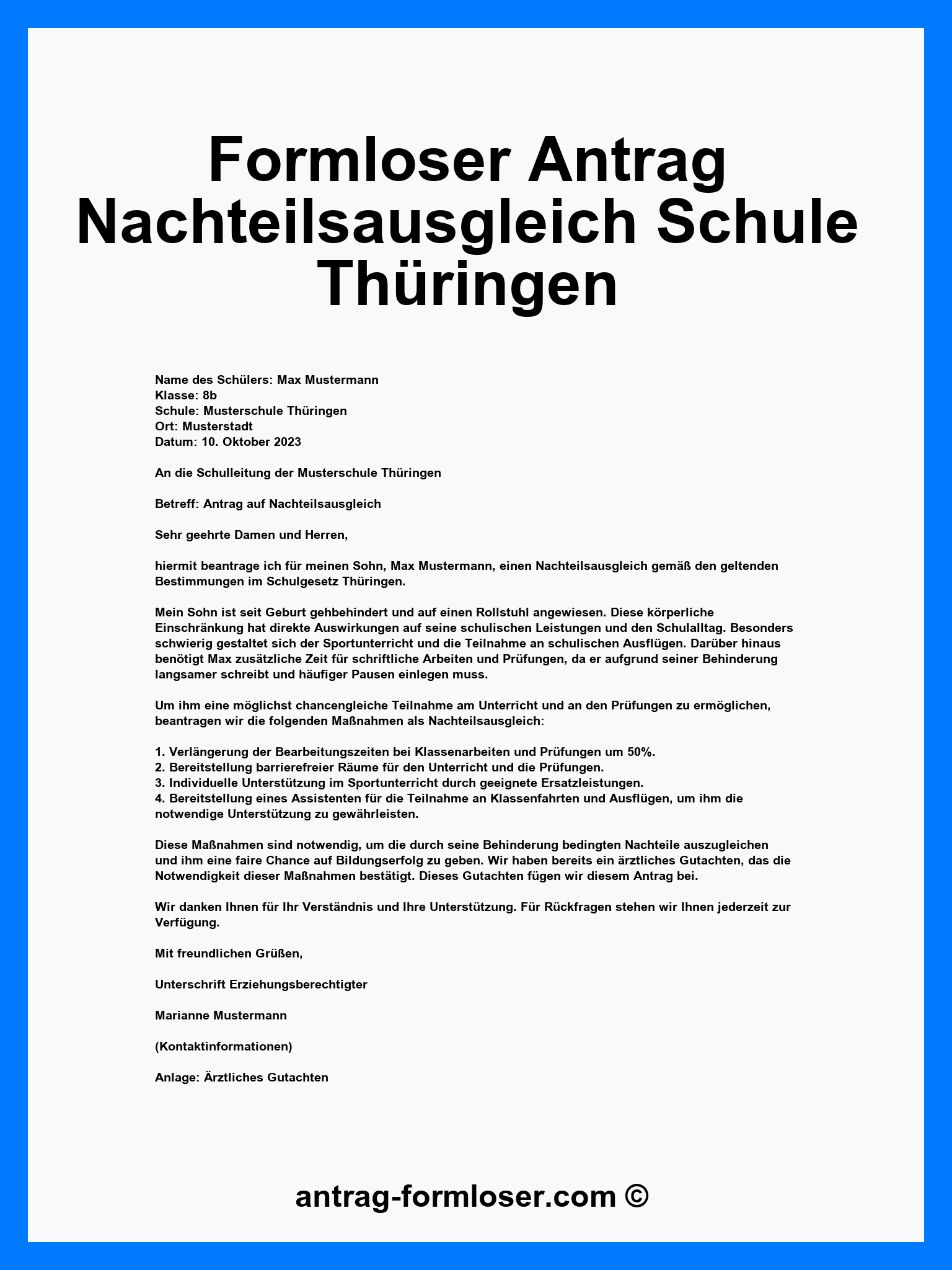 Formloser Antrag Nachteilsausgleich Schule Thüringen - Word - PDF