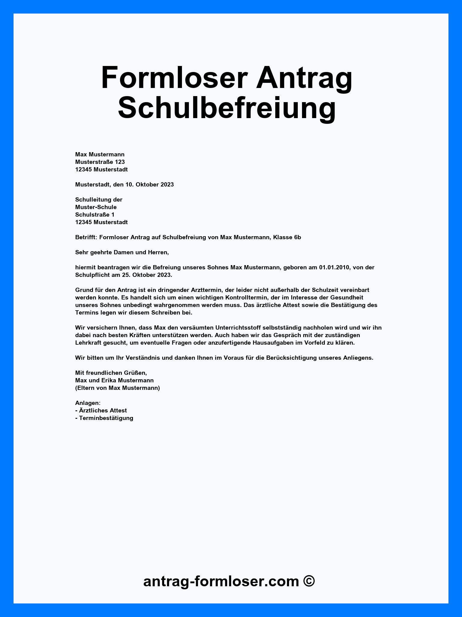 Kinderzuschlag Befreiung Kita Gebühren Antrag Formloser Antrag Schulbefreiung Vorlage - Word - PDF
