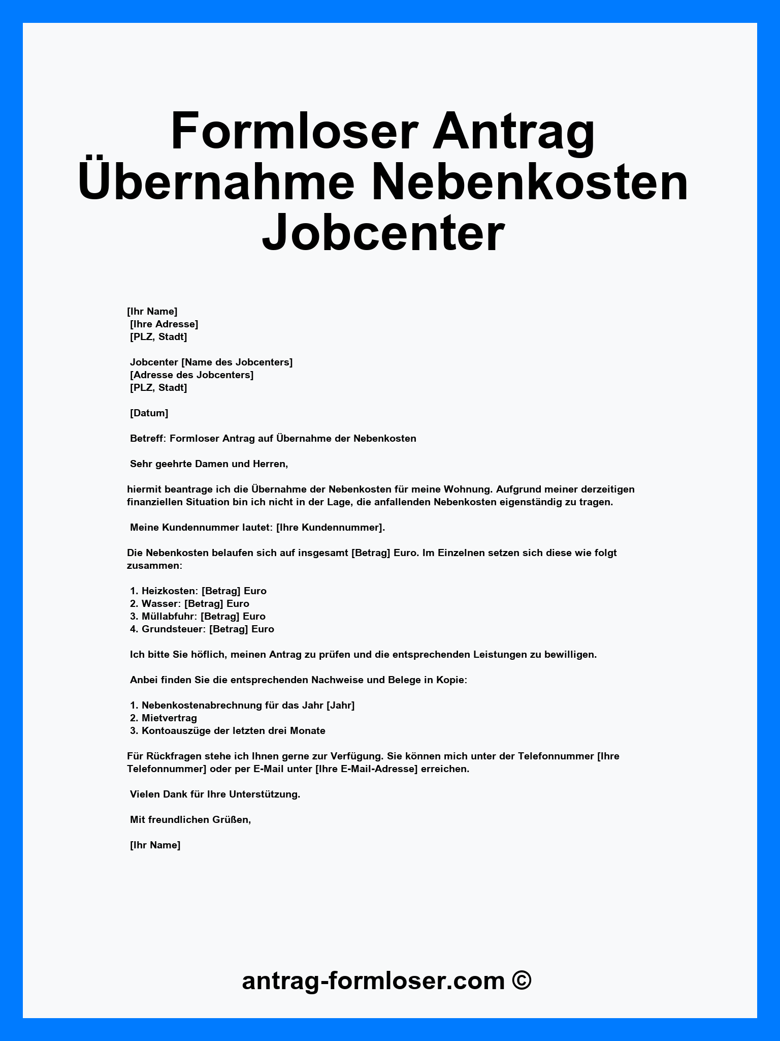 Formloser Antrag Übernahme Nebenkosten Jobcenter - PDF - Word