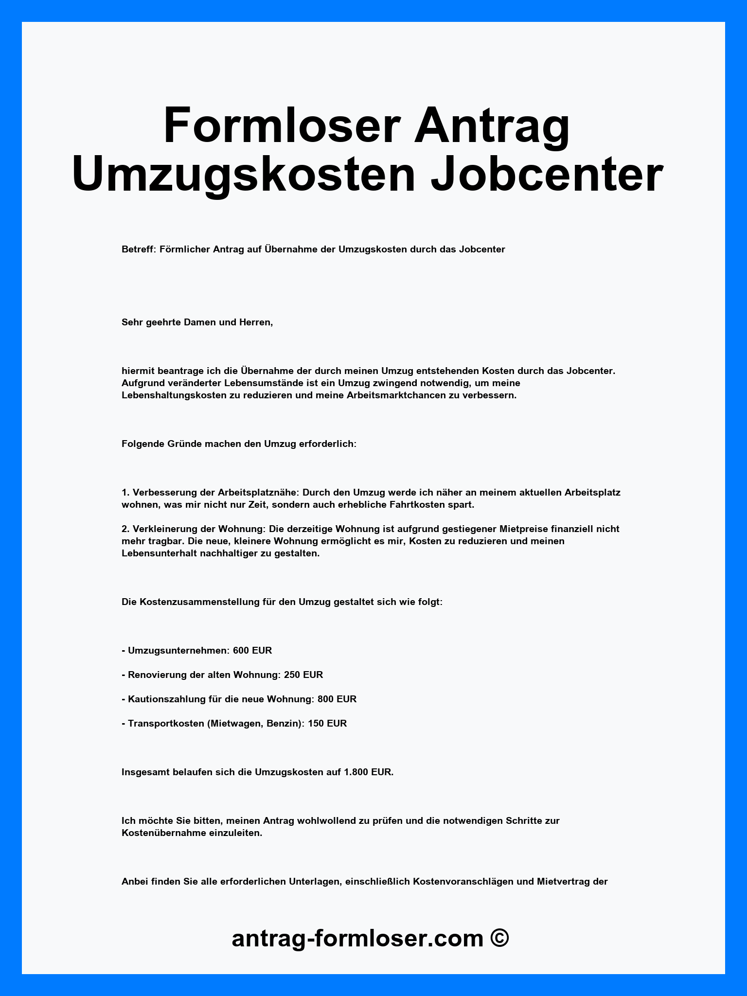 Formloser Antrag Umzugskosten Jobcenter Muster - Word - PDF