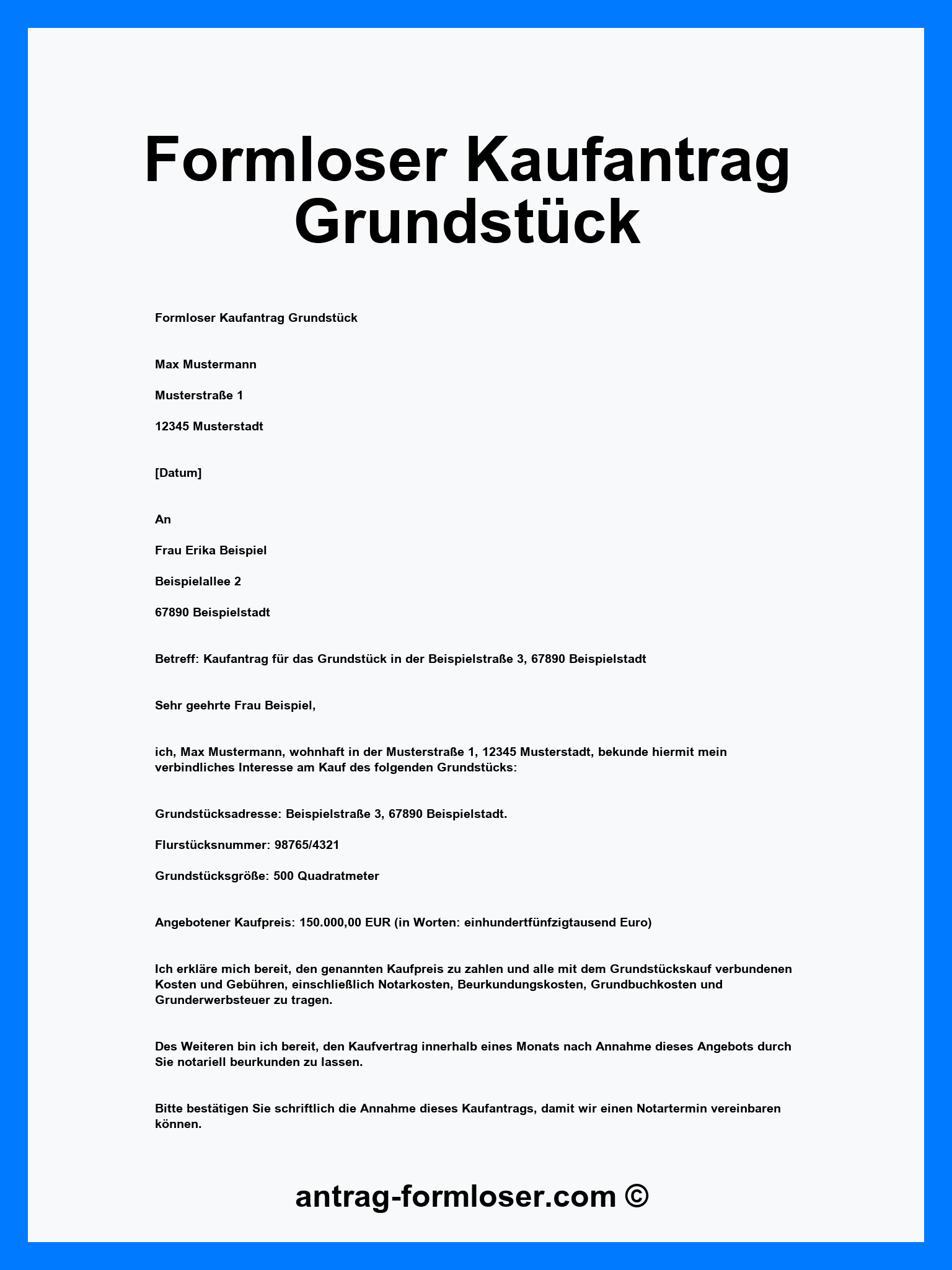 Formloser Kaufantrag Grundstück Muster - Word - PDF