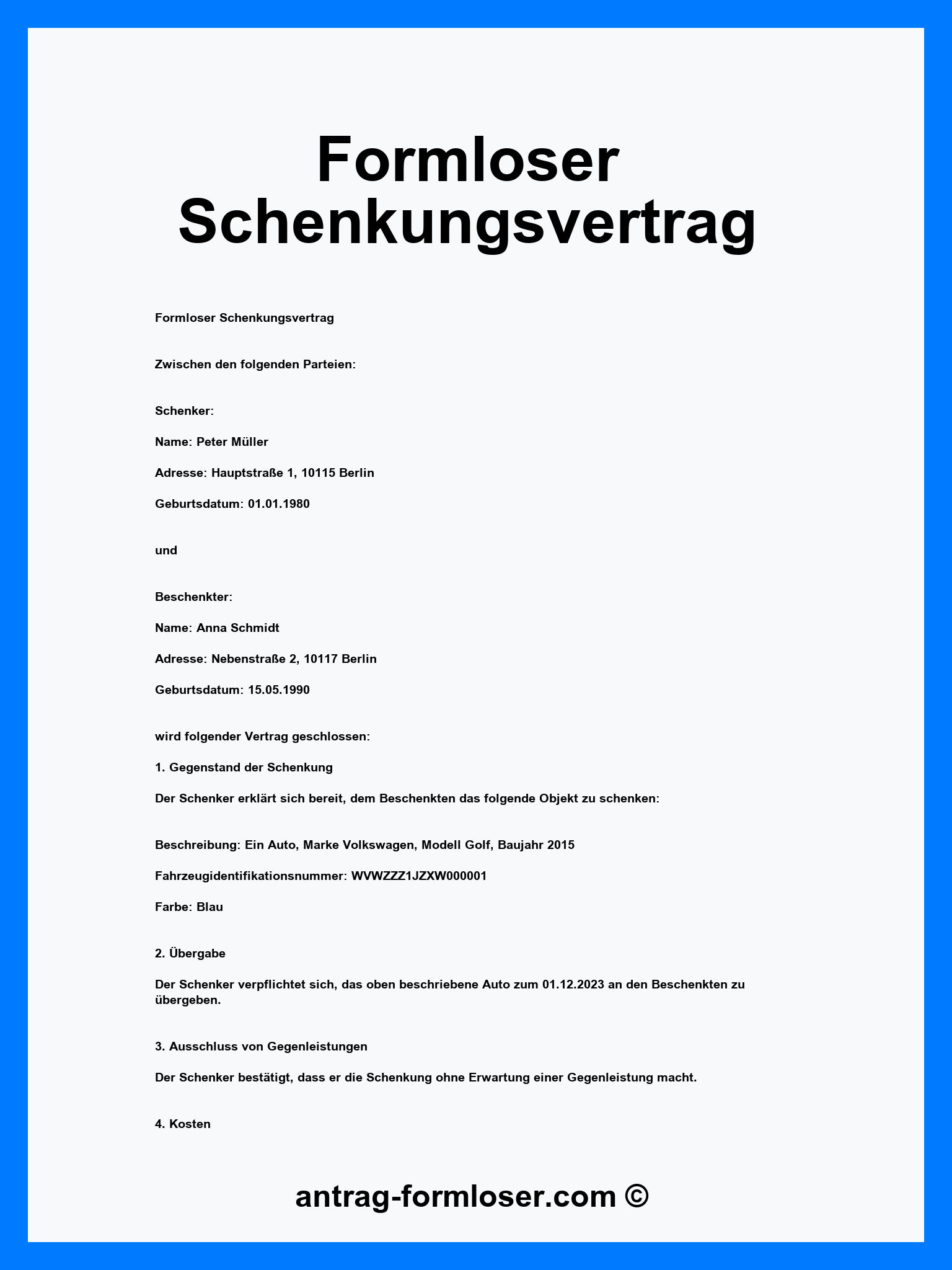 Formloser Schenkungsvertrag Muster - Word - PDF
