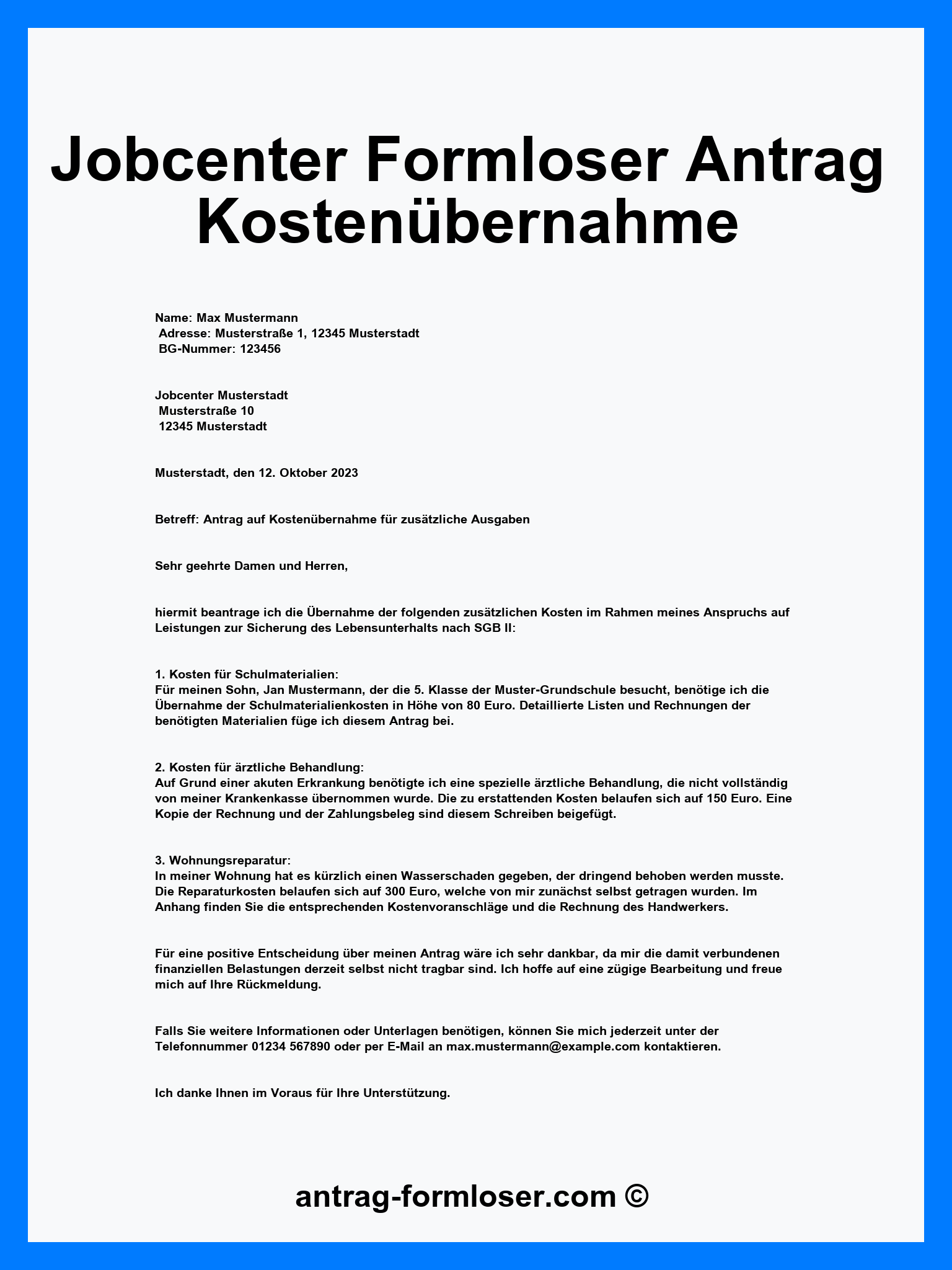Jobcenter Formloser Antrag Kostenübernahme Muster - Word - PDF