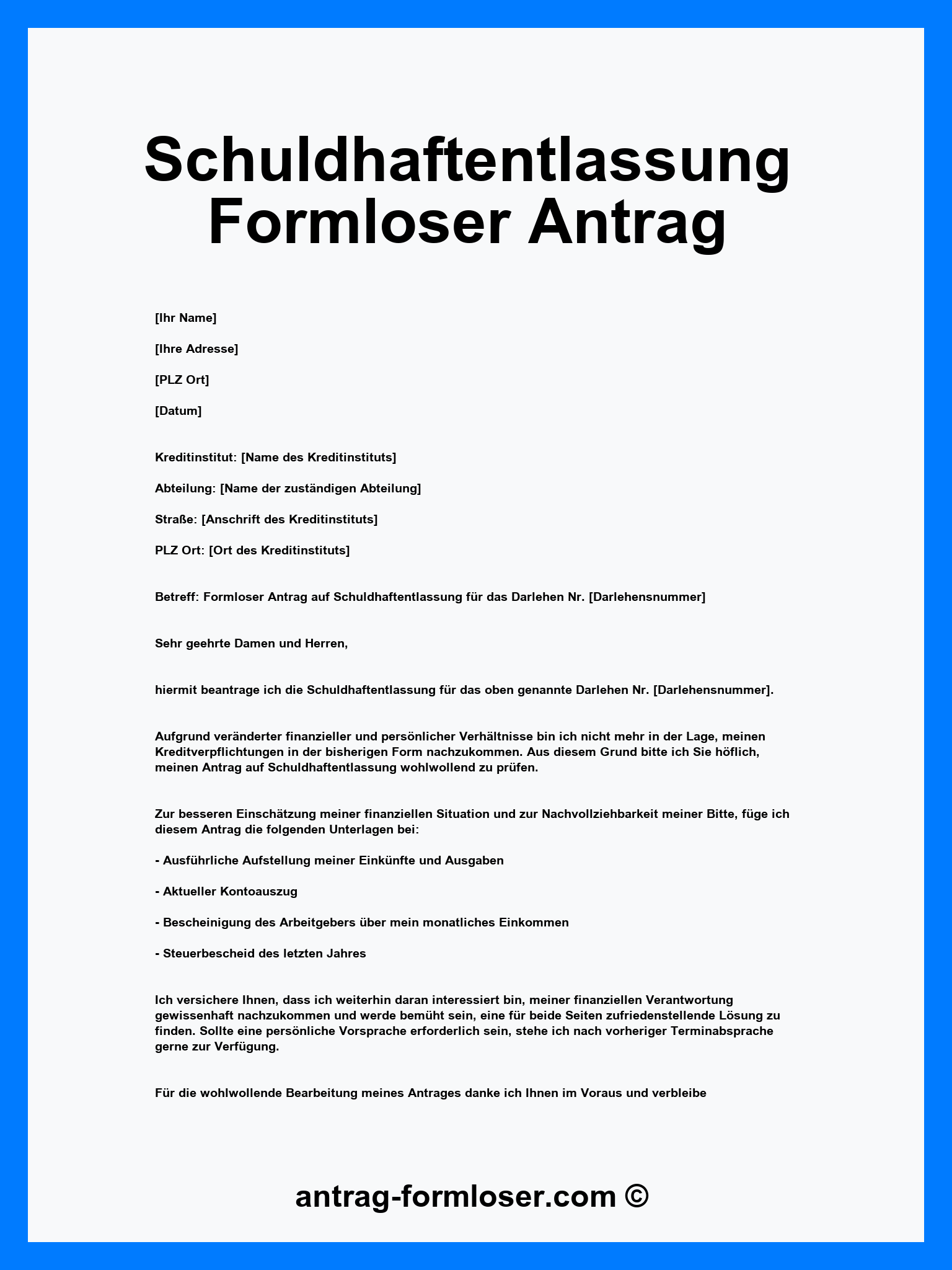 Schuldhaftentlassung Formloser Antrag - PDF - Word